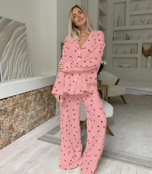 Sevimli Kalp Baskılı Gömlek Pijama Takımı Zalle