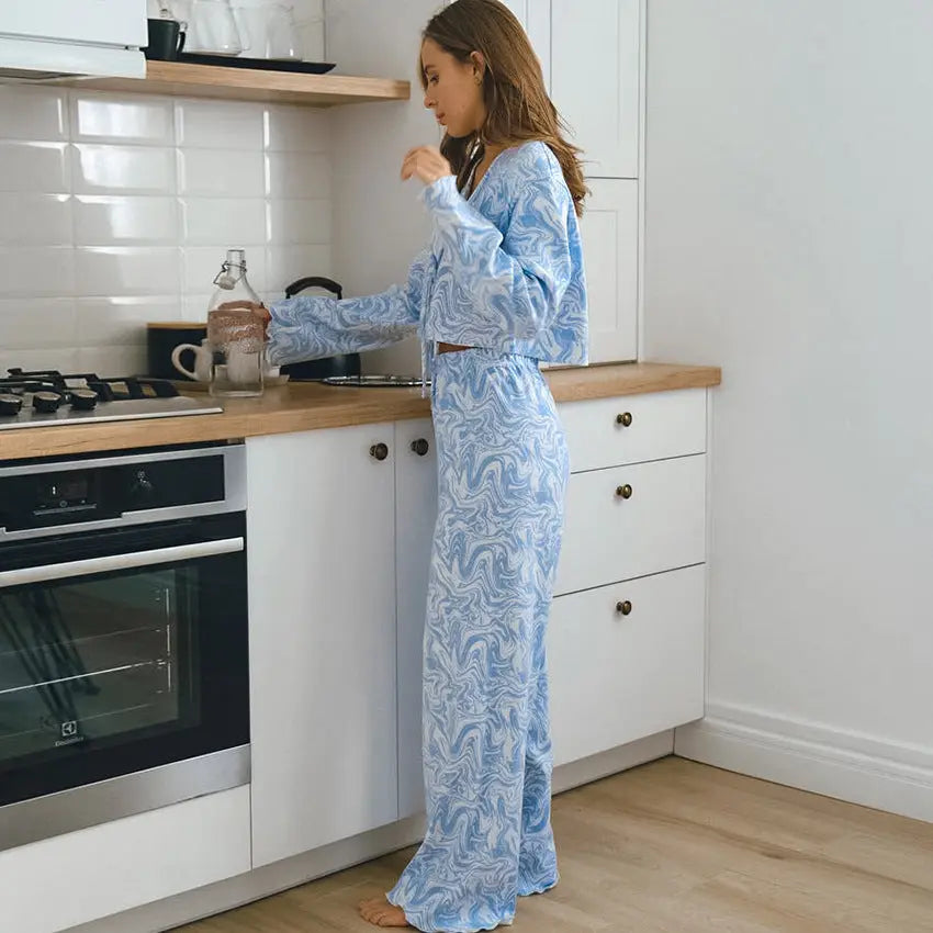 Mavi Ebru Şekilli Crop Pijama Takımı Zalle