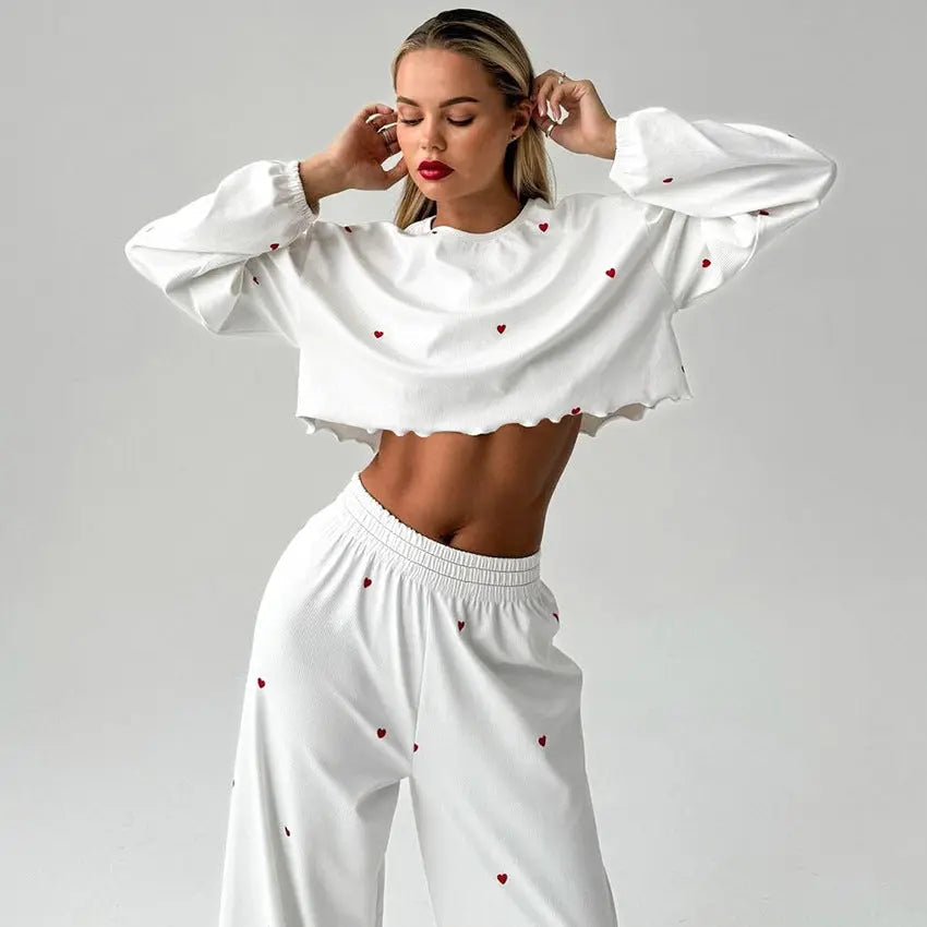 Kalp Baskılı Uzun Kollu Crop Pijama Takımı Zalle