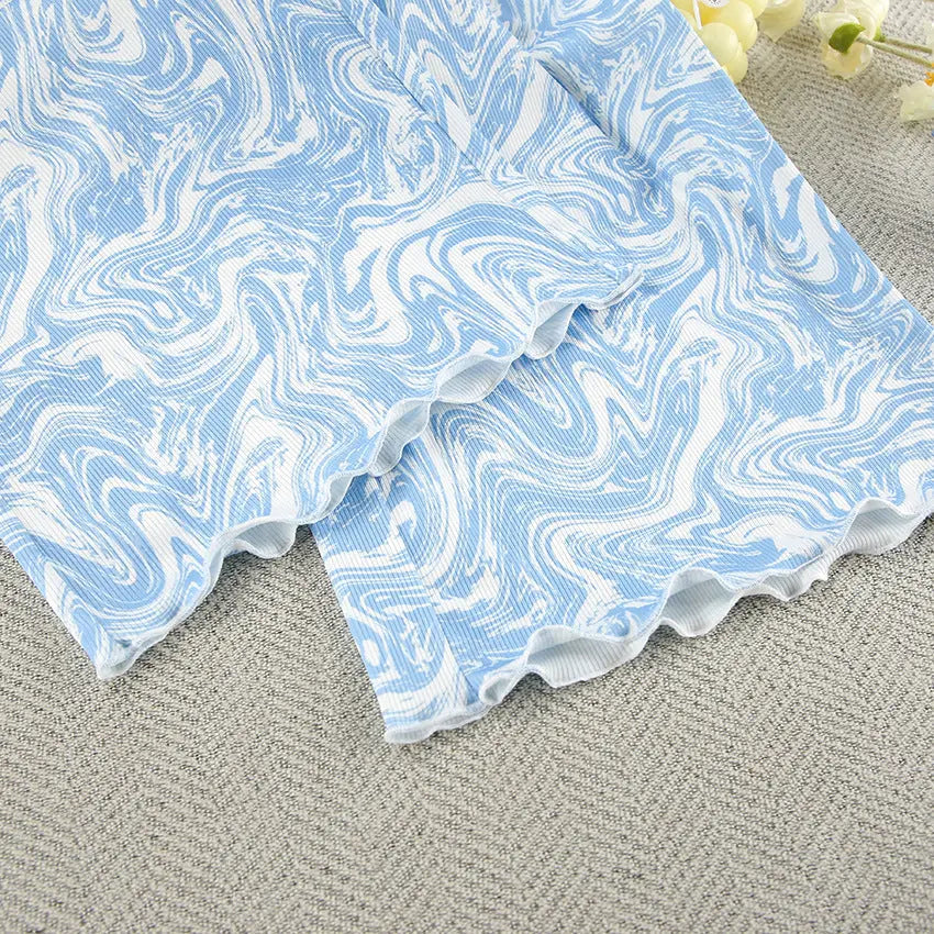 Mavi Ebru Şekilli Crop Pijama Takımı Zalle