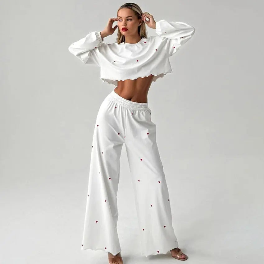 Kalp Baskılı Uzun Kollu Crop Pijama Takımı Zalle
