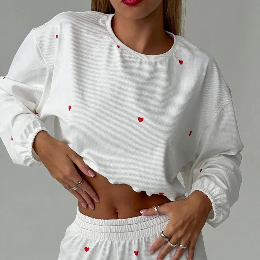 Kalp Baskılı Uzun Kollu Crop Pijama Takımı Zalle